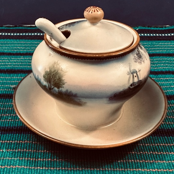 VTG Noritake Sugar Bowl Spoon Jelly Jam Mayonnaise Covered Attached Plate Japan - Picture 1 of 9